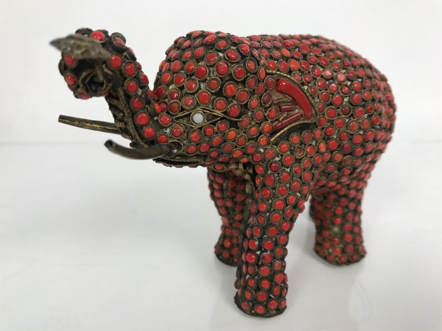 Old Nepalese Tibetan Brass Elephant With Inlayed Coral [Photo 9]