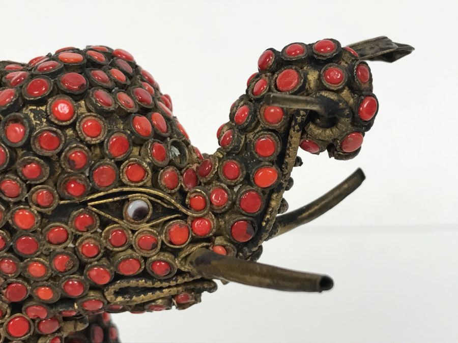 Old Nepalese Tibetan Brass Elephant With Inlayed Coral [Photo 19]