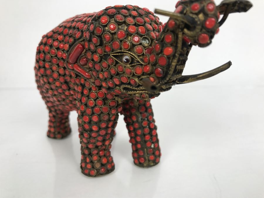 Old Nepalese Tibetan Brass Elephant With Inlayed Coral [Photo 7]