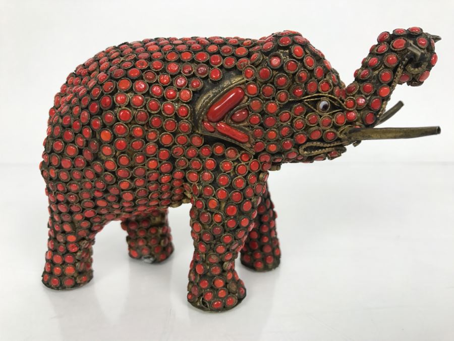 Old Nepalese Tibetan Brass Elephant With Inlayed Coral [Photo 16]