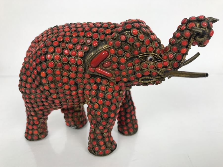 Old Nepalese Tibetan Brass Elephant With Inlayed Coral [Photo 1]