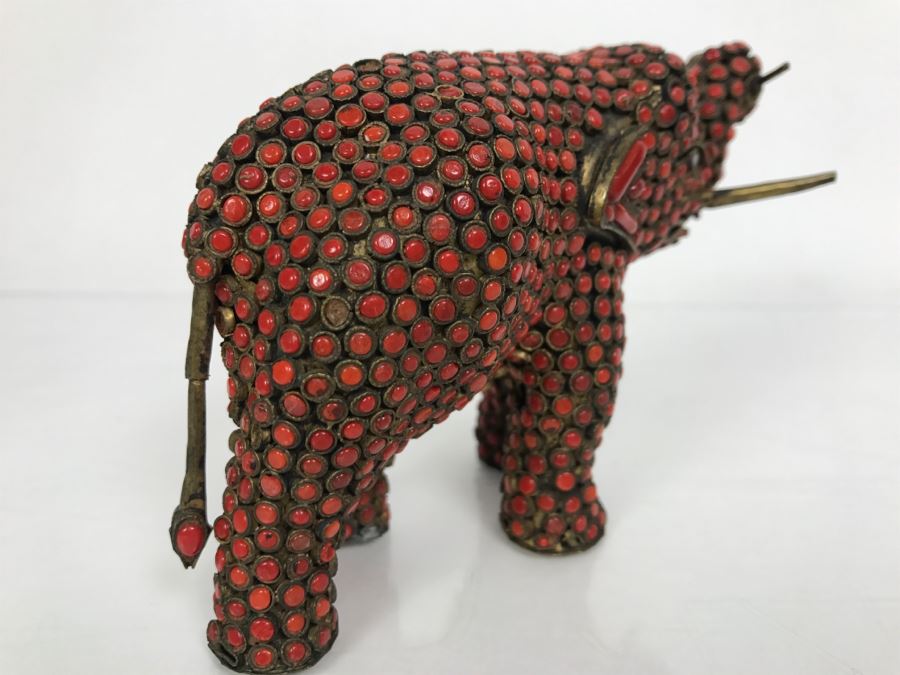 Old Nepalese Tibetan Brass Elephant With Inlayed Coral [Photo 15]