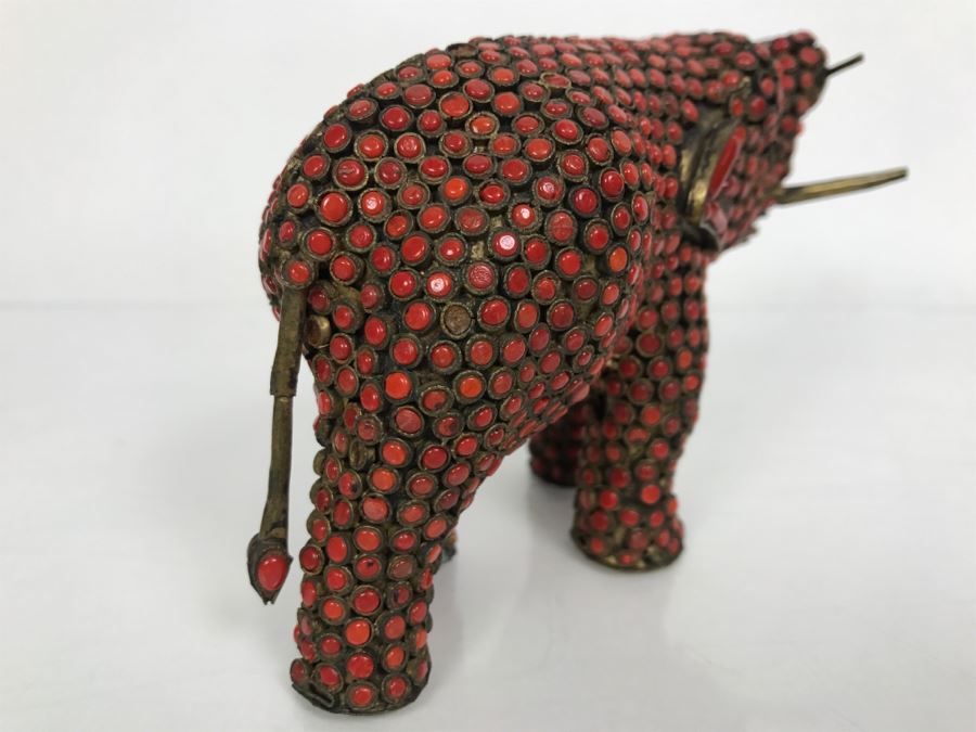 Old Nepalese Tibetan Brass Elephant With Inlayed Coral [Photo 14]