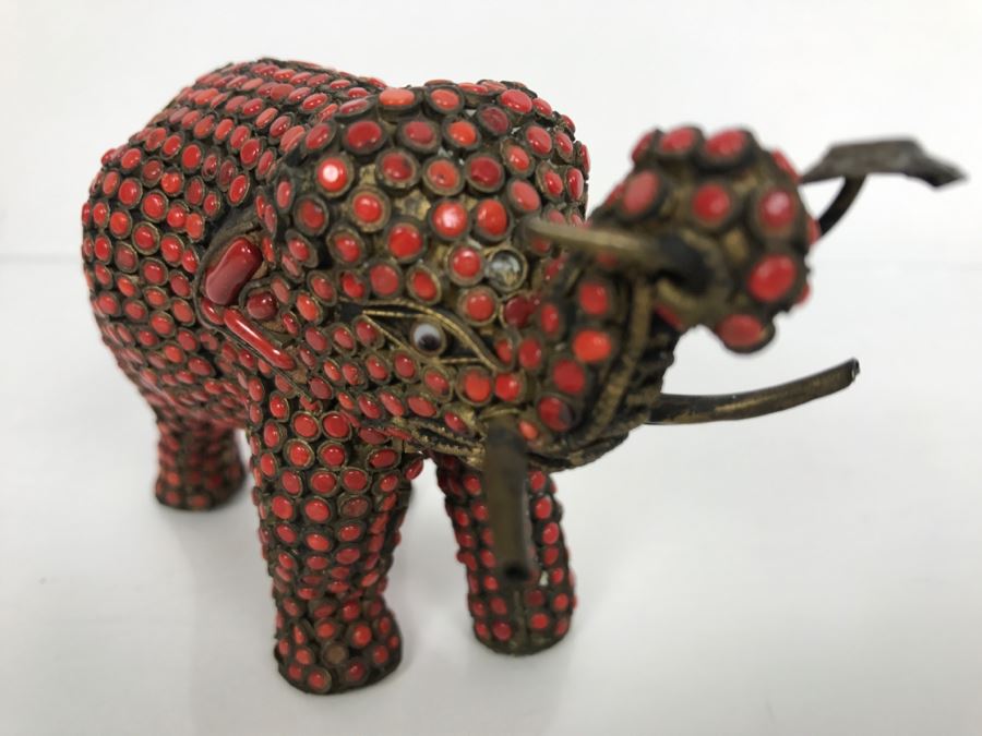 Old Nepalese Tibetan Brass Elephant With Inlayed Coral [Photo 6]
