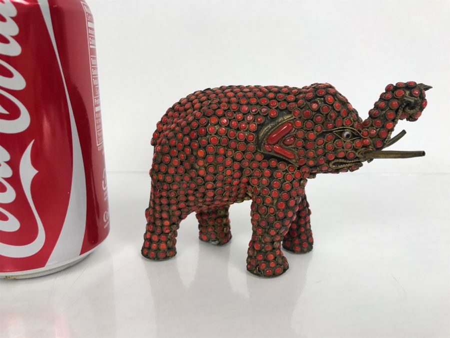 Old Nepalese Tibetan Brass Elephant With Inlayed Coral [Photo 2]