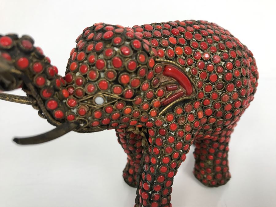 Old Nepalese Tibetan Brass Elephant With Inlayed Coral [Photo 10]