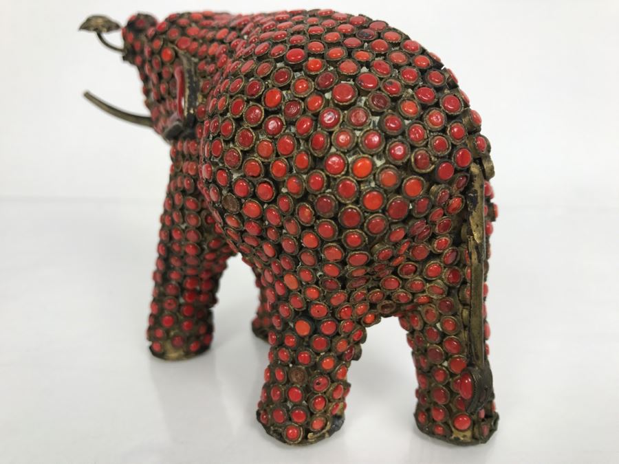 Old Nepalese Tibetan Brass Elephant With Inlayed Coral [Photo 13]