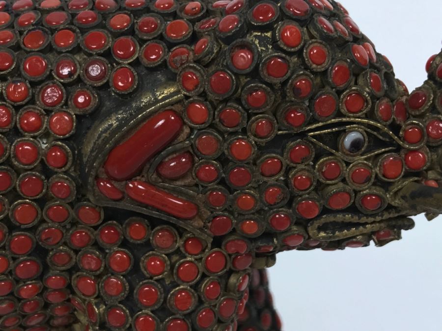 Old Nepalese Tibetan Brass Elephant With Inlayed Coral [Photo 18]
