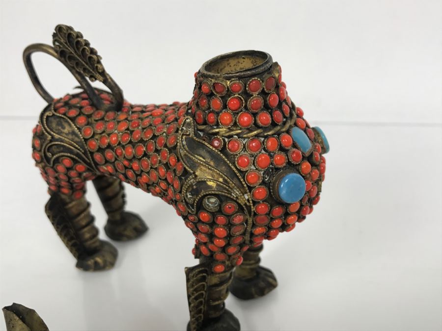Old Nepalese Tibetan Brass Filigree Foo Dog Lion Snuff Bottle With Inlayed Coral, Turquoise And Black Stones [Photo 25]