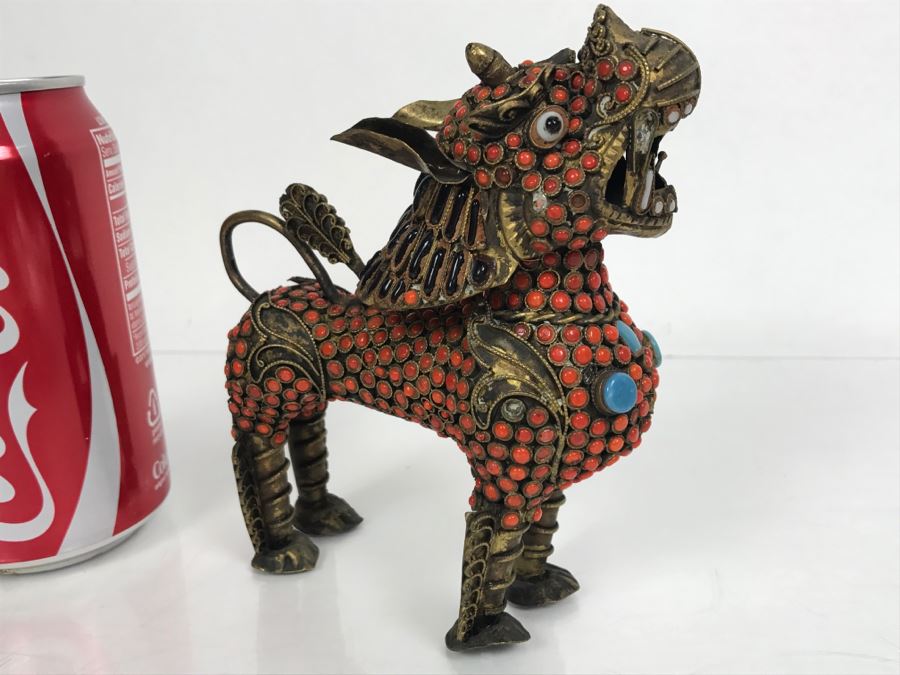 Old Nepalese Tibetan Brass Filigree Foo Dog Lion Snuff Bottle With Inlayed Coral, Turquoise And Black Stones [Photo 4]