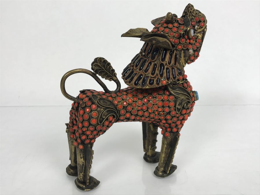 Old Nepalese Tibetan Brass Filigree Foo Dog Lion Snuff Bottle With Inlayed Coral, Turquoise And Black Stones [Photo 20]