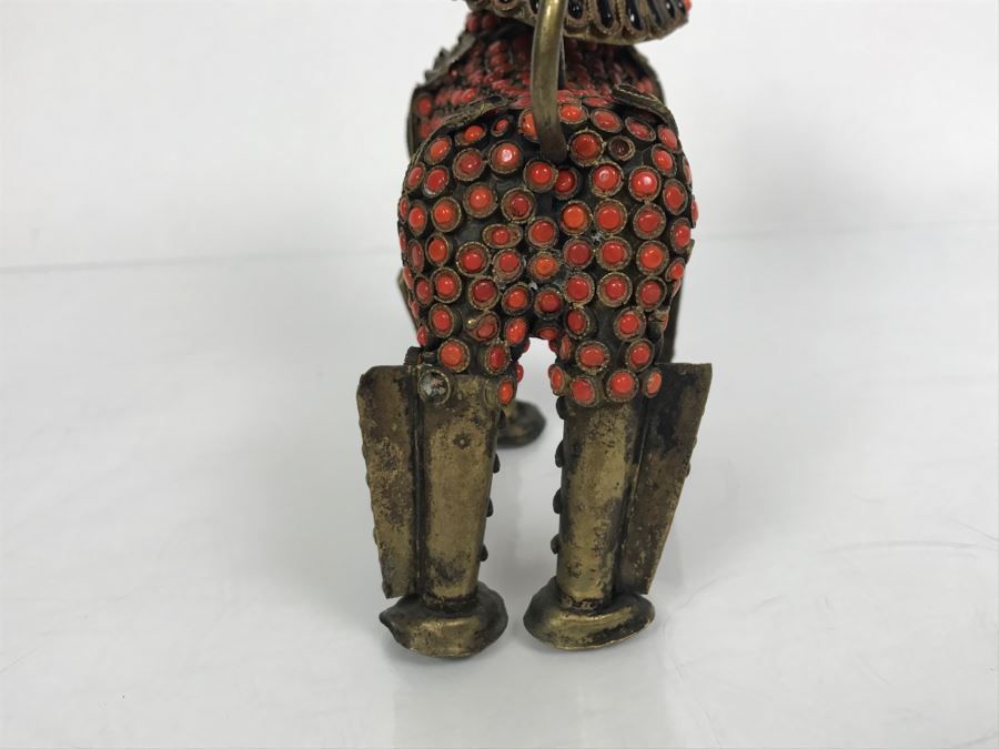 Old Nepalese Tibetan Brass Filigree Foo Dog Lion Snuff Bottle With Inlayed Coral, Turquoise And Black Stones [Photo 17]