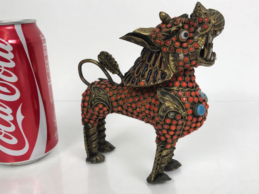Old Nepalese Tibetan Brass Filigree Foo Dog Lion Snuff Bottle With Inlayed Coral, Turquoise And Black Stones [Photo 3]