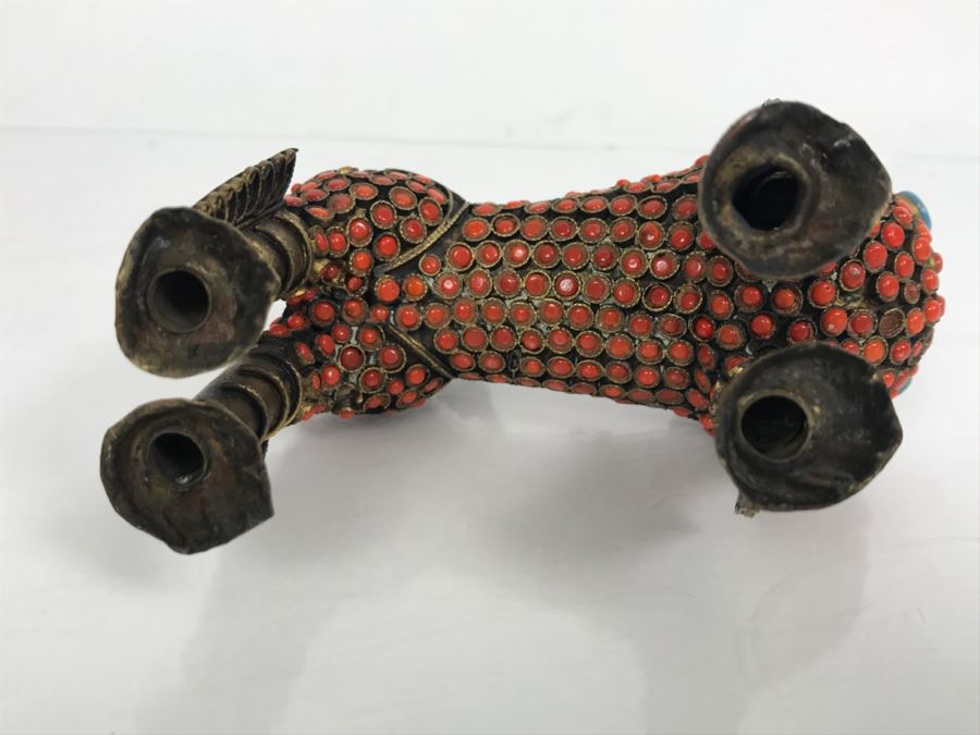 Old Nepalese Tibetan Brass Filigree Foo Dog Lion Snuff Bottle With Inlayed Coral, Turquoise And Black Stones [Photo 28]