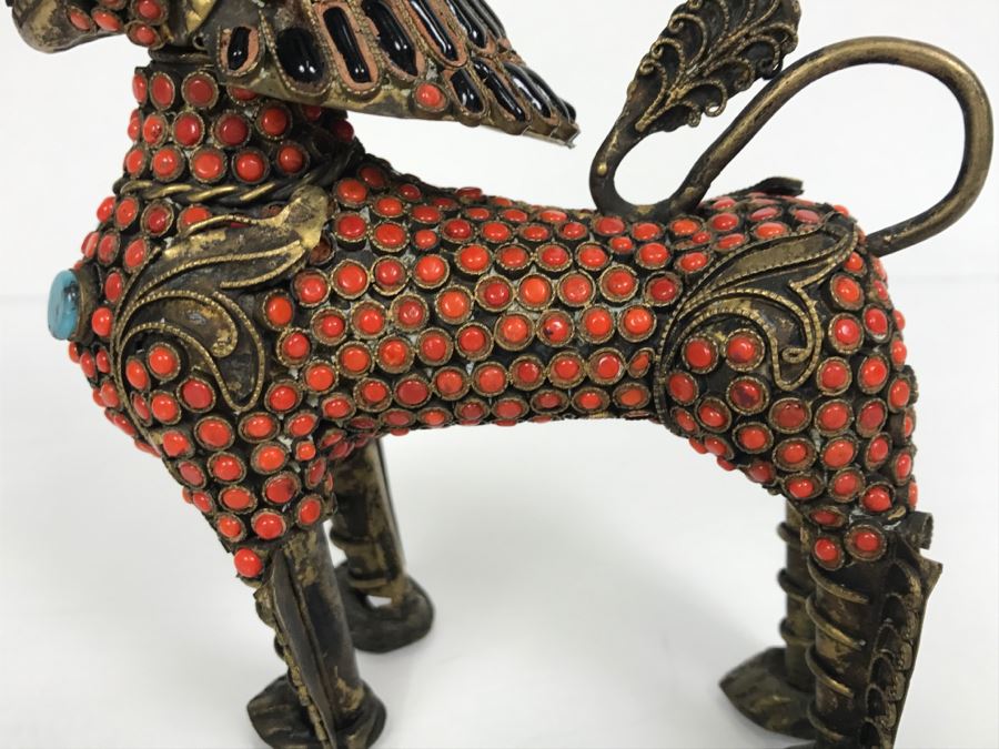 Old Nepalese Tibetan Brass Filigree Foo Dog Lion Snuff Bottle With Inlayed Coral, Turquoise And Black Stones [Photo 13]