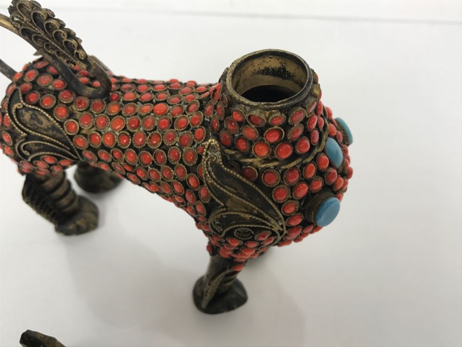 Old Nepalese Tibetan Brass Filigree Foo Dog Lion Snuff Bottle With Inlayed Coral, Turquoise And Black Stones [Photo 24]