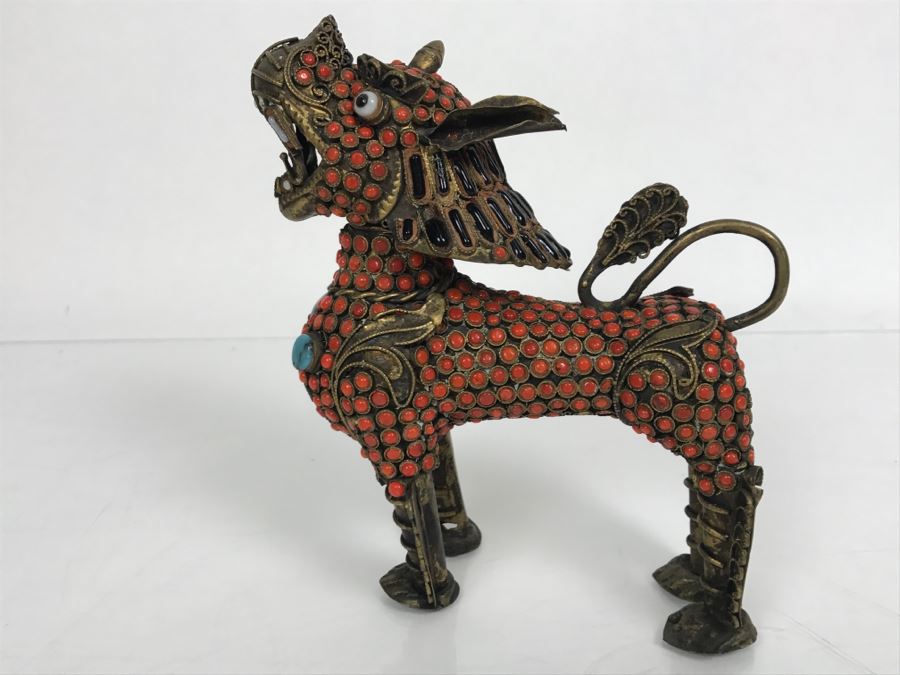 Old Nepalese Tibetan Brass Filigree Foo Dog Lion Snuff Bottle With Inlayed Coral, Turquoise And Black Stones [Photo 12]