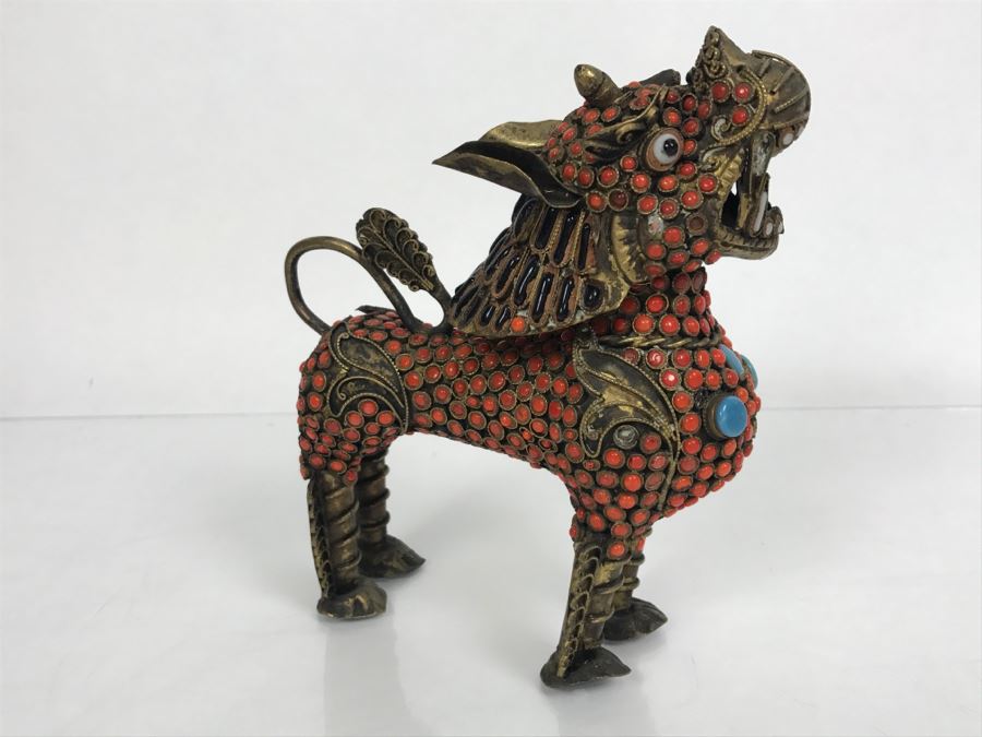 Old Nepalese Tibetan Brass Filigree Foo Dog Lion Snuff Bottle With Inlayed Coral, Turquoise And Black Stones [Photo 21]