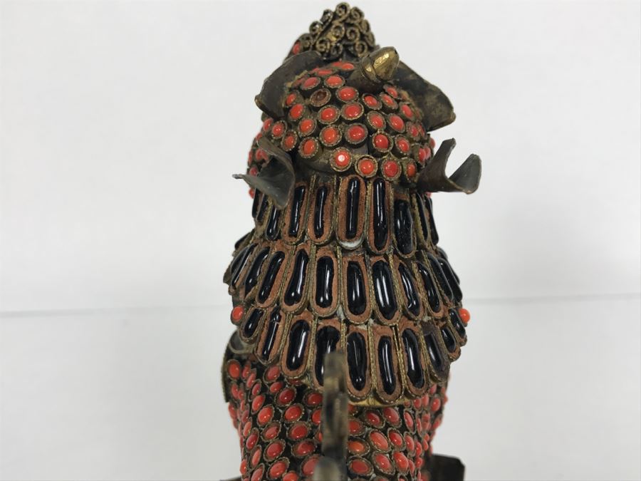 Old Nepalese Tibetan Brass Filigree Foo Dog Lion Snuff Bottle With Inlayed Coral, Turquoise And Black Stones [Photo 19]