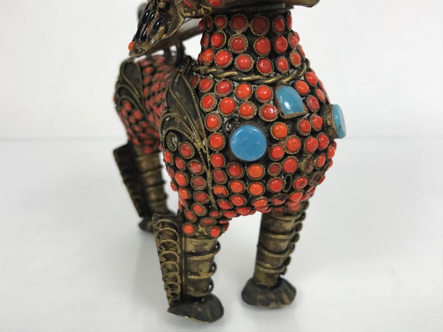 Old Nepalese Tibetan Brass Filigree Foo Dog Lion Snuff Bottle With Inlayed Coral, Turquoise And Black Stones [Photo 6]