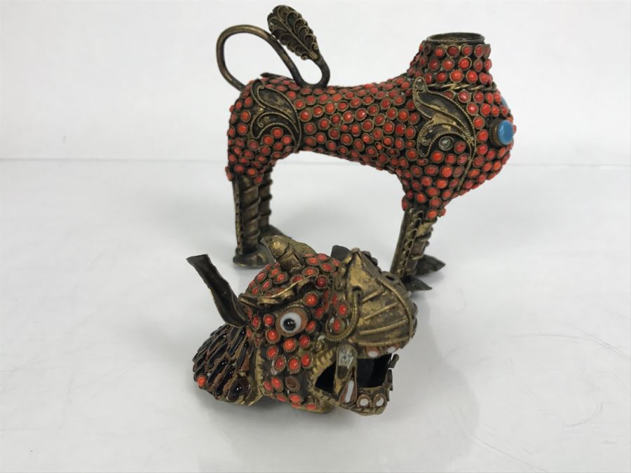 Old Nepalese Tibetan Brass Filigree Foo Dog Lion Snuff Bottle With Inlayed Coral, Turquoise And Black Stones [Photo 23]