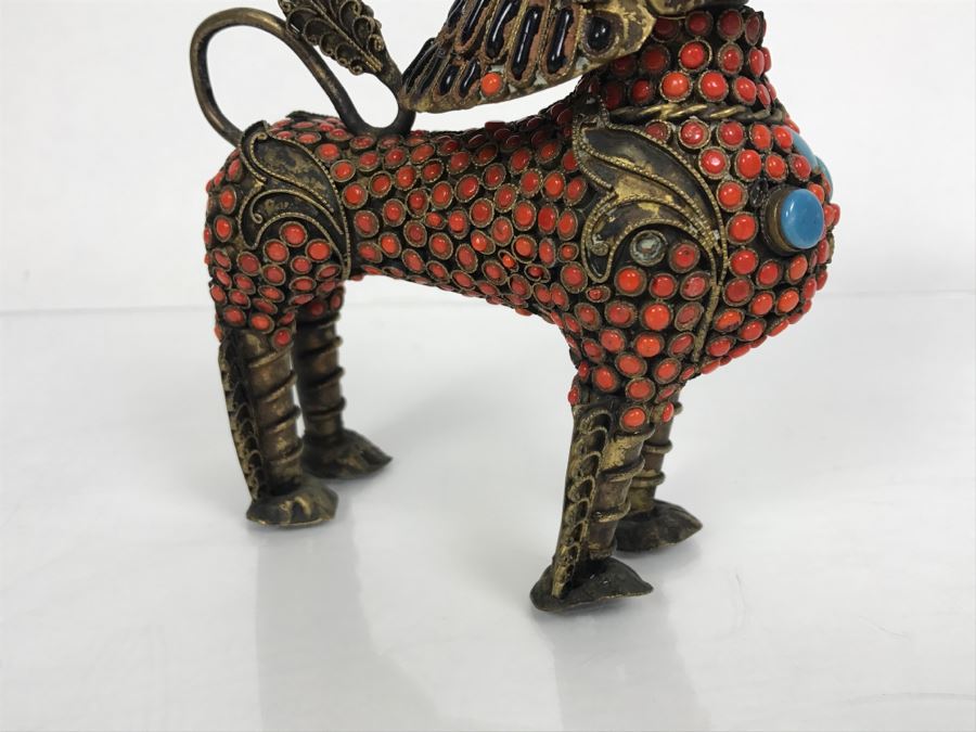 Old Nepalese Tibetan Brass Filigree Foo Dog Lion Snuff Bottle With Inlayed Coral, Turquoise And Black Stones [Photo 22]