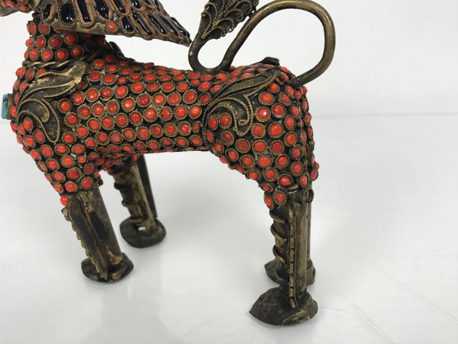 Old Nepalese Tibetan Brass Filigree Foo Dog Lion Snuff Bottle With Inlayed Coral, Turquoise And Black Stones [Photo 31]