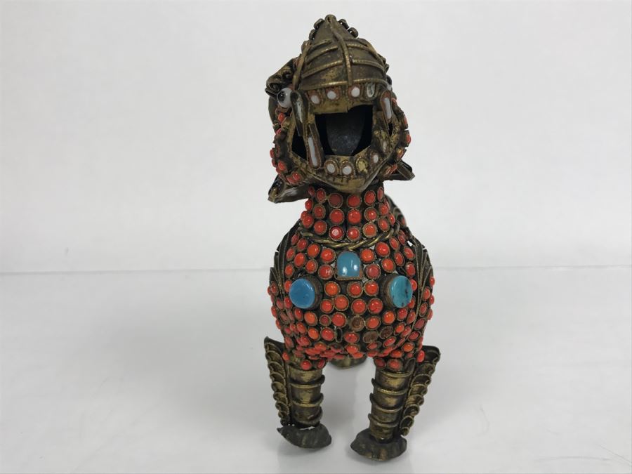 Old Nepalese Tibetan Brass Filigree Foo Dog Lion Snuff Bottle With Inlayed Coral, Turquoise And Black Stones [Photo 11]