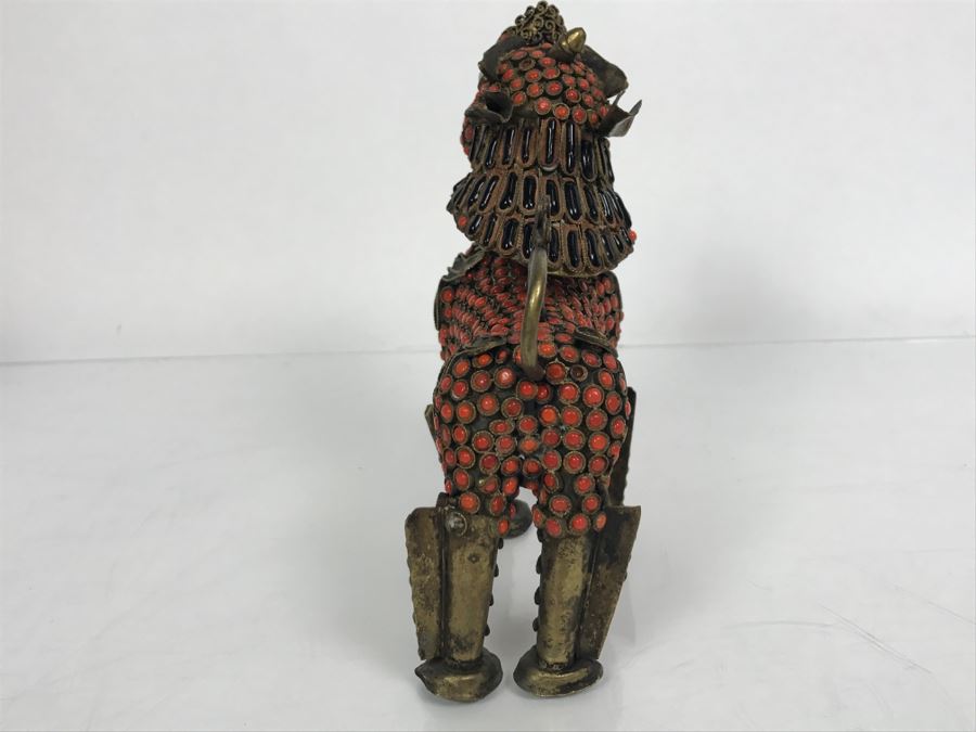 Old Nepalese Tibetan Brass Filigree Foo Dog Lion Snuff Bottle With Inlayed Coral, Turquoise And Black Stones [Photo 16]