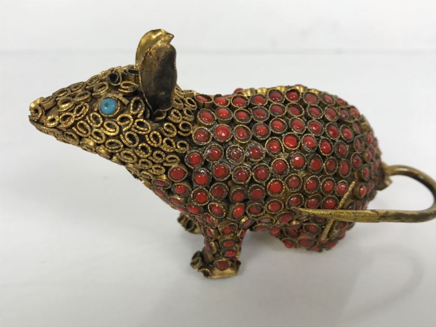 Old Nepalese Tibetan Brass Filigree Mouse With Inlayed Coral And Turquoise [Photo 4]