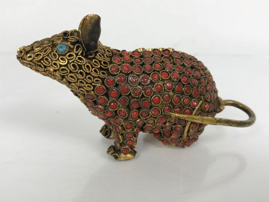 Old Nepalese Tibetan Brass Filigree Mouse With Inlayed Coral And Turquoise [Photo 5]