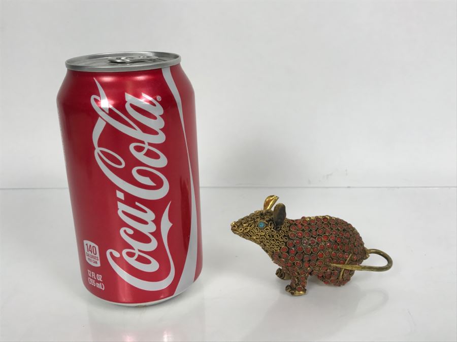 Old Nepalese Tibetan Brass Filigree Mouse With Inlayed Coral And Turquoise [Photo 3]