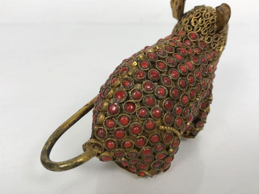 Old Nepalese Tibetan Brass Filigree Mouse With Inlayed Coral And Turquoise [Photo 12]