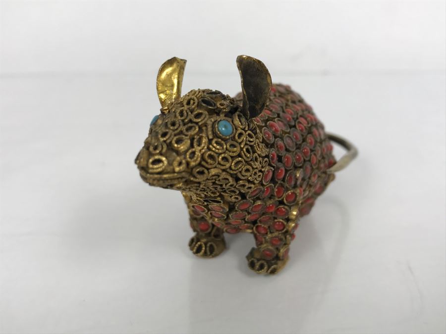 Old Nepalese Tibetan Brass Filigree Mouse With Inlayed Coral And Turquoise