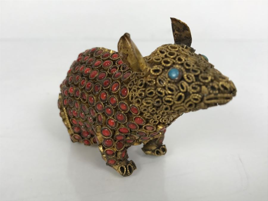 Old Nepalese Tibetan Brass Filigree Mouse With Inlayed Coral And Turquoise [Photo 8]