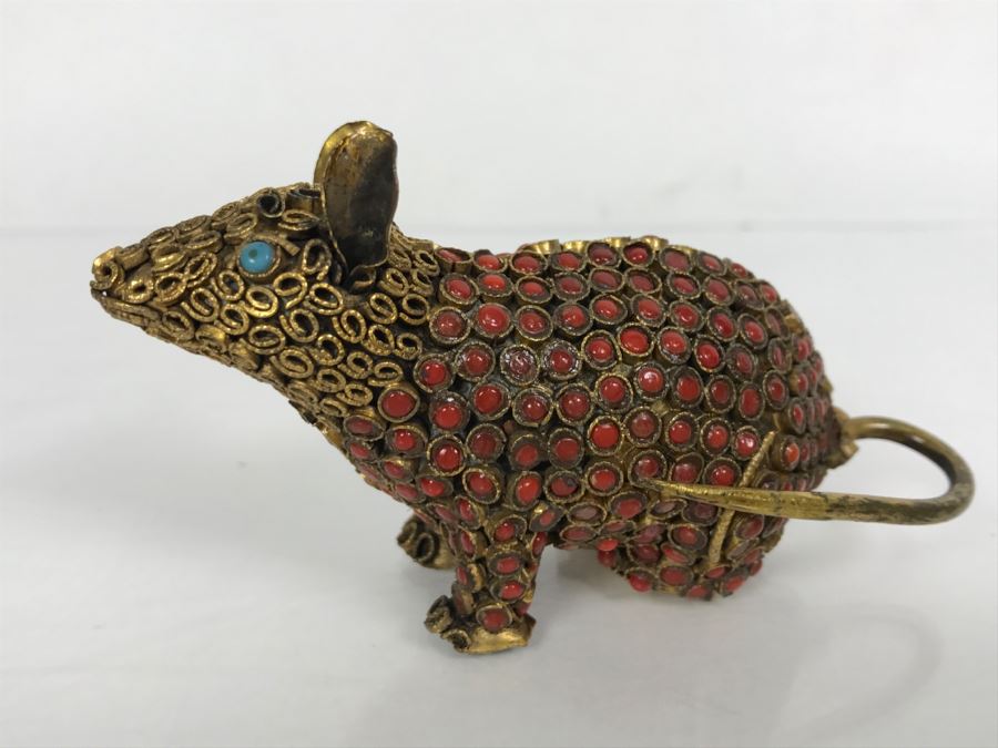 Old Nepalese Tibetan Brass Filigree Mouse With Inlayed Coral And Turquoise