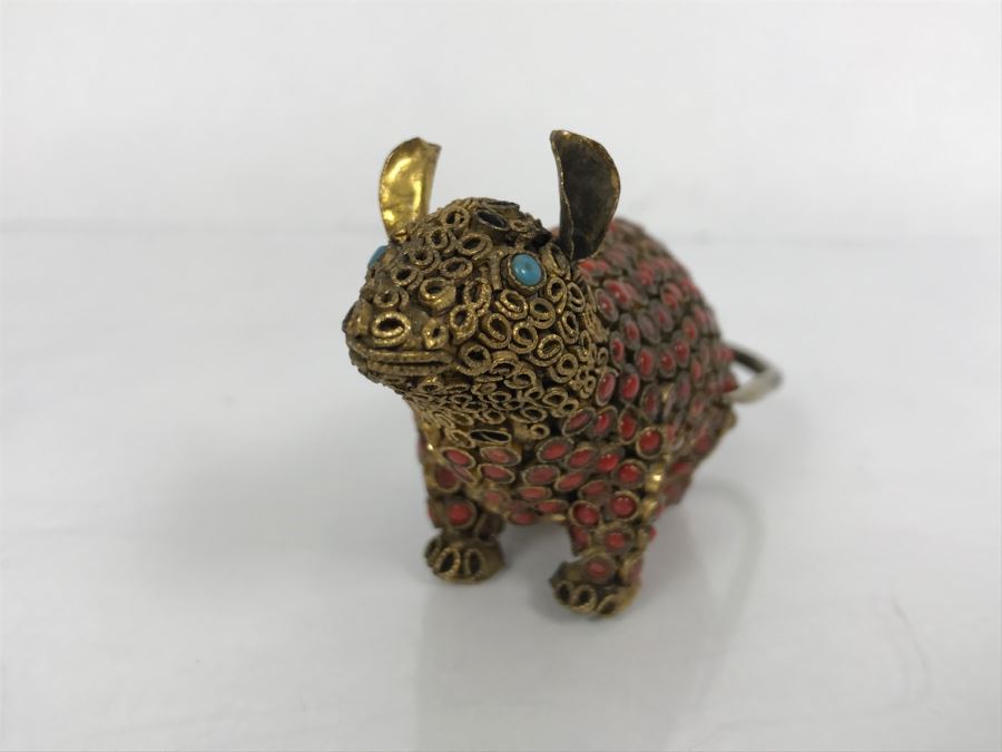 Old Nepalese Tibetan Brass Filigree Mouse With Inlayed Coral And Turquoise [Photo 7]