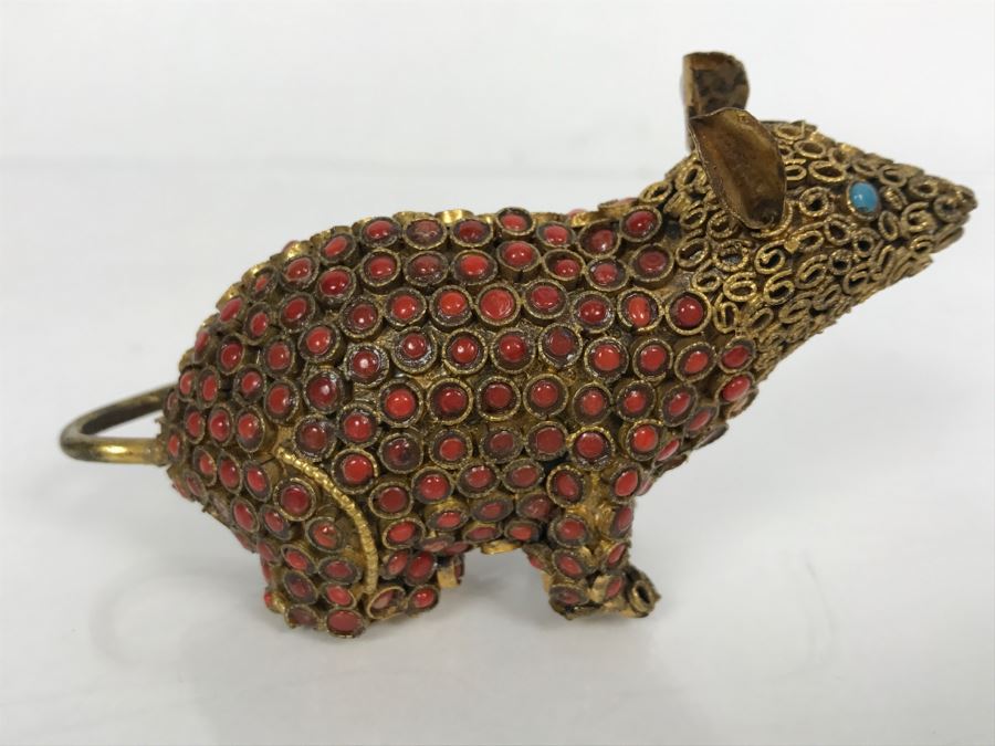 Old Nepalese Tibetan Brass Filigree Mouse With Inlayed Coral And Turquoise [Photo 10]