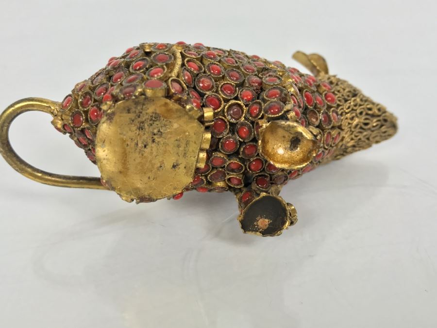 Old Nepalese Tibetan Brass Filigree Mouse With Inlayed Coral And Turquoise [Photo 13]