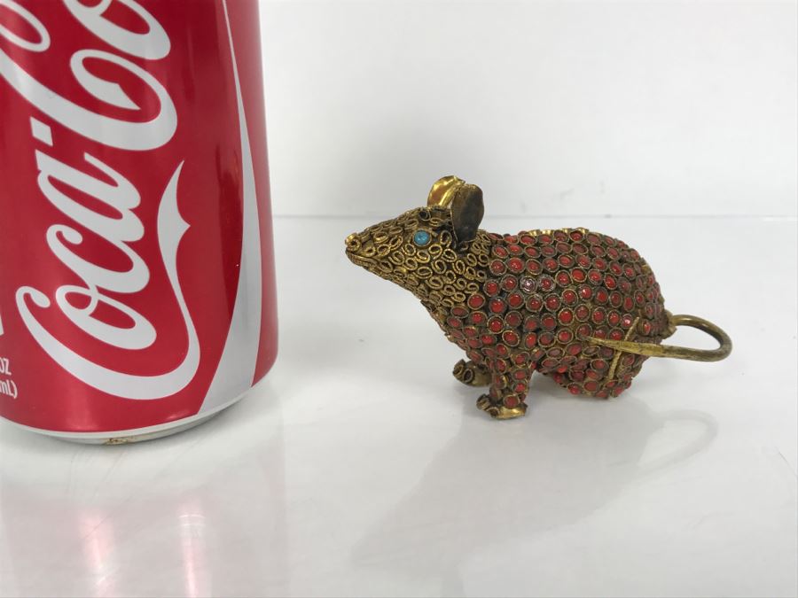 Old Nepalese Tibetan Brass Filigree Mouse With Inlayed Coral And Turquoise [Photo 2]
