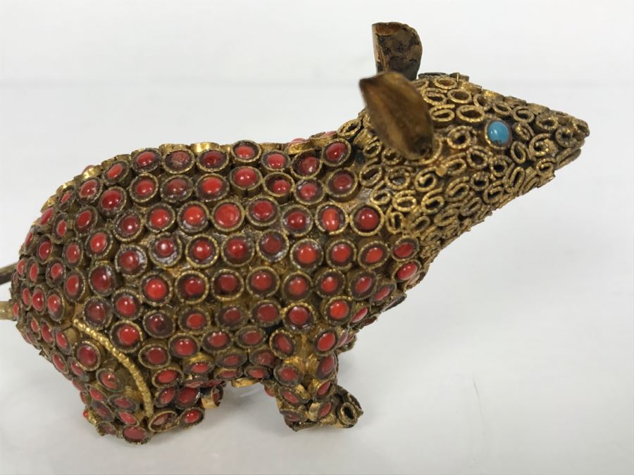 Old Nepalese Tibetan Brass Filigree Mouse With Inlayed Coral And Turquoise [Photo 11]
