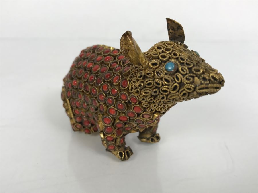 Old Nepalese Tibetan Brass Filigree Mouse With Inlayed Coral And Turquoise [Photo 9]
