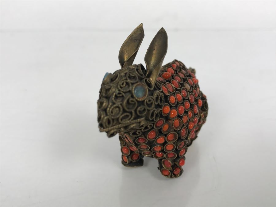 Old Nepalese Tibetan Brass Filigree Small Rabbit With Inlayed Coral [Photo 5]