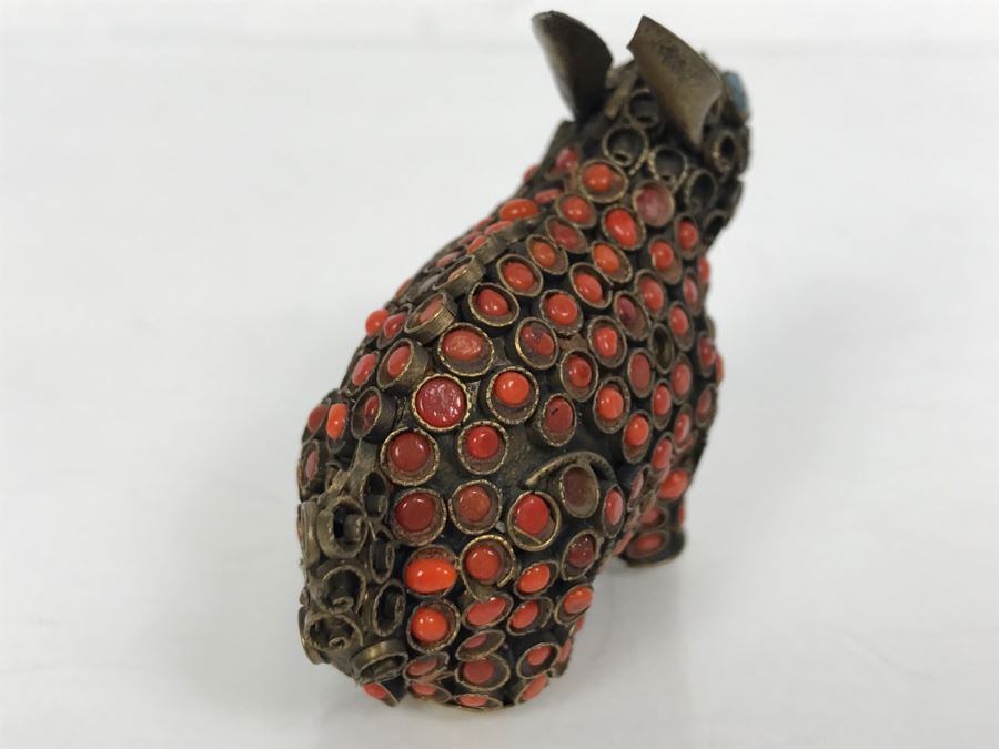 Old Nepalese Tibetan Brass Filigree Small Rabbit With Inlayed Coral [Photo 11]