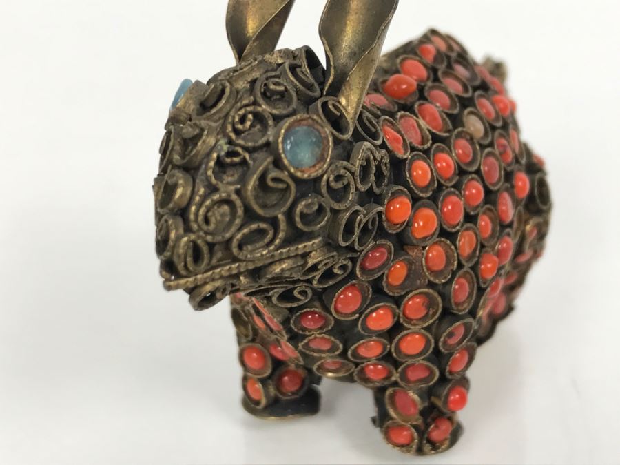 Old Nepalese Tibetan Brass Filigree Small Rabbit With Inlayed Coral [Photo 6]