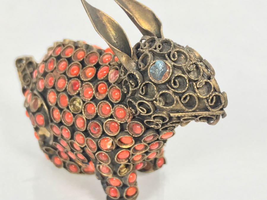 Old Nepalese Tibetan Brass Filigree Small Rabbit With Inlayed Coral [Photo 7]