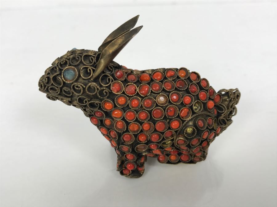 Old Nepalese Tibetan Brass Filigree Small Rabbit With Inlayed Coral [Photo 4]