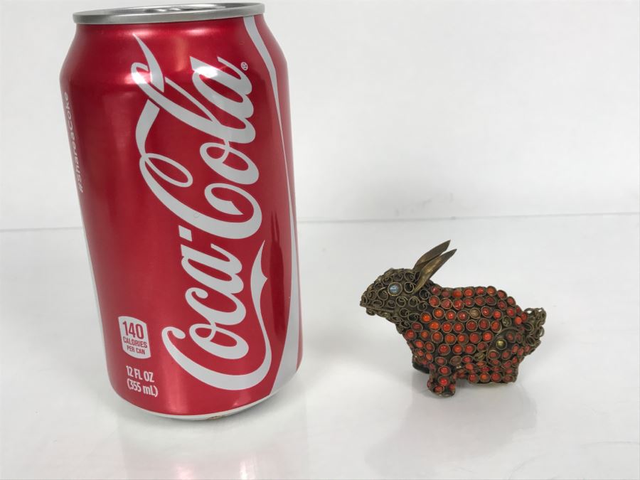 Old Nepalese Tibetan Brass Filigree Small Rabbit With Inlayed Coral [Photo 2]