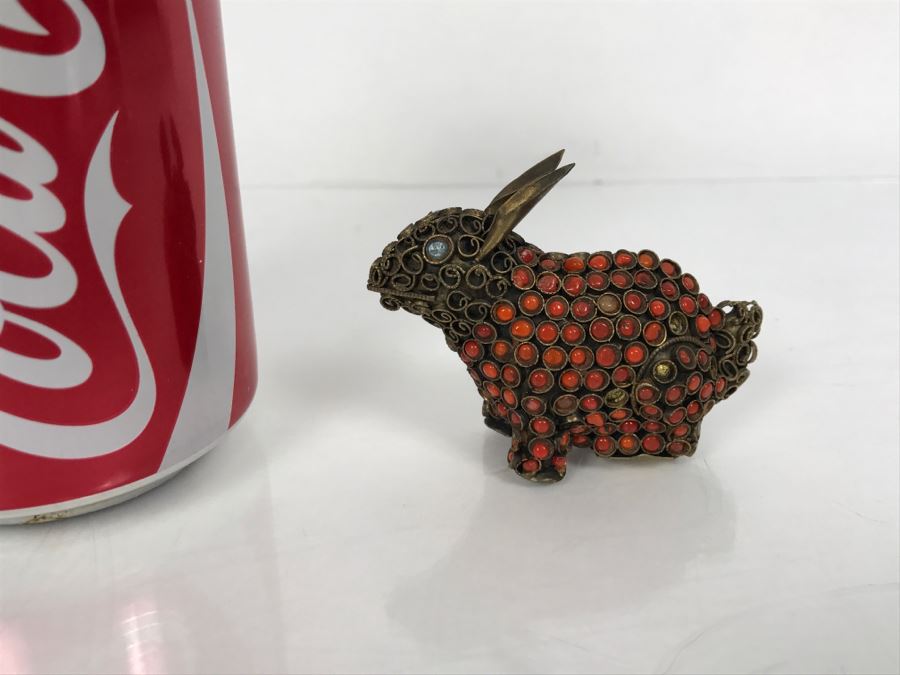 Old Nepalese Tibetan Brass Filigree Small Rabbit With Inlayed Coral [Photo 3]