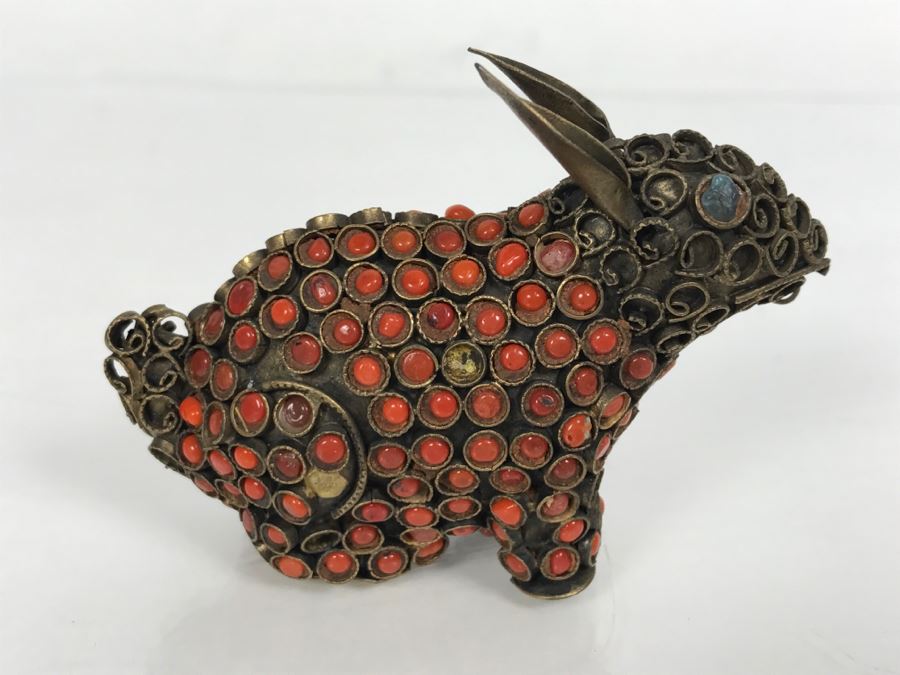 Old Nepalese Tibetan Brass Filigree Small Rabbit With Inlayed Coral [Photo 10]